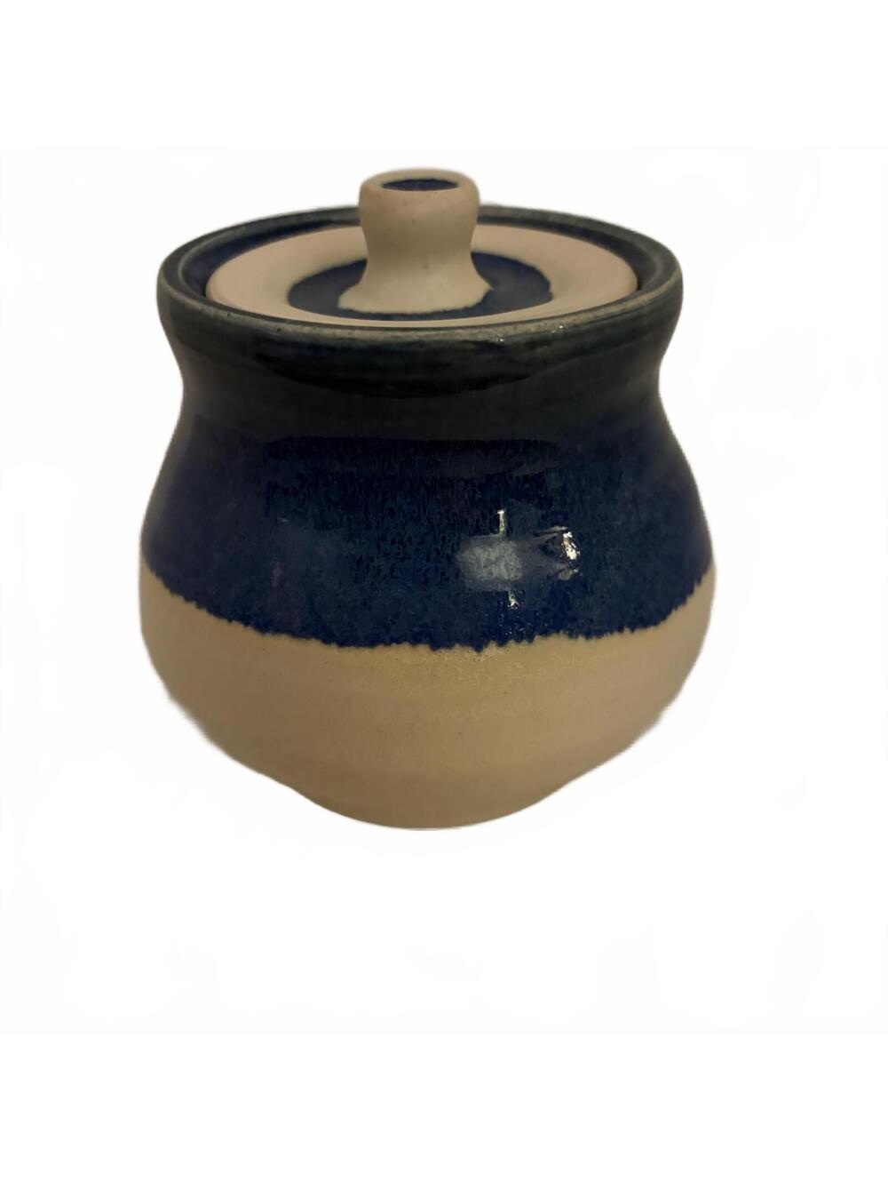 Handcrafted Ceramic Jar with Lid - Blue drip glaze - signed & dated (LJB 10/92)